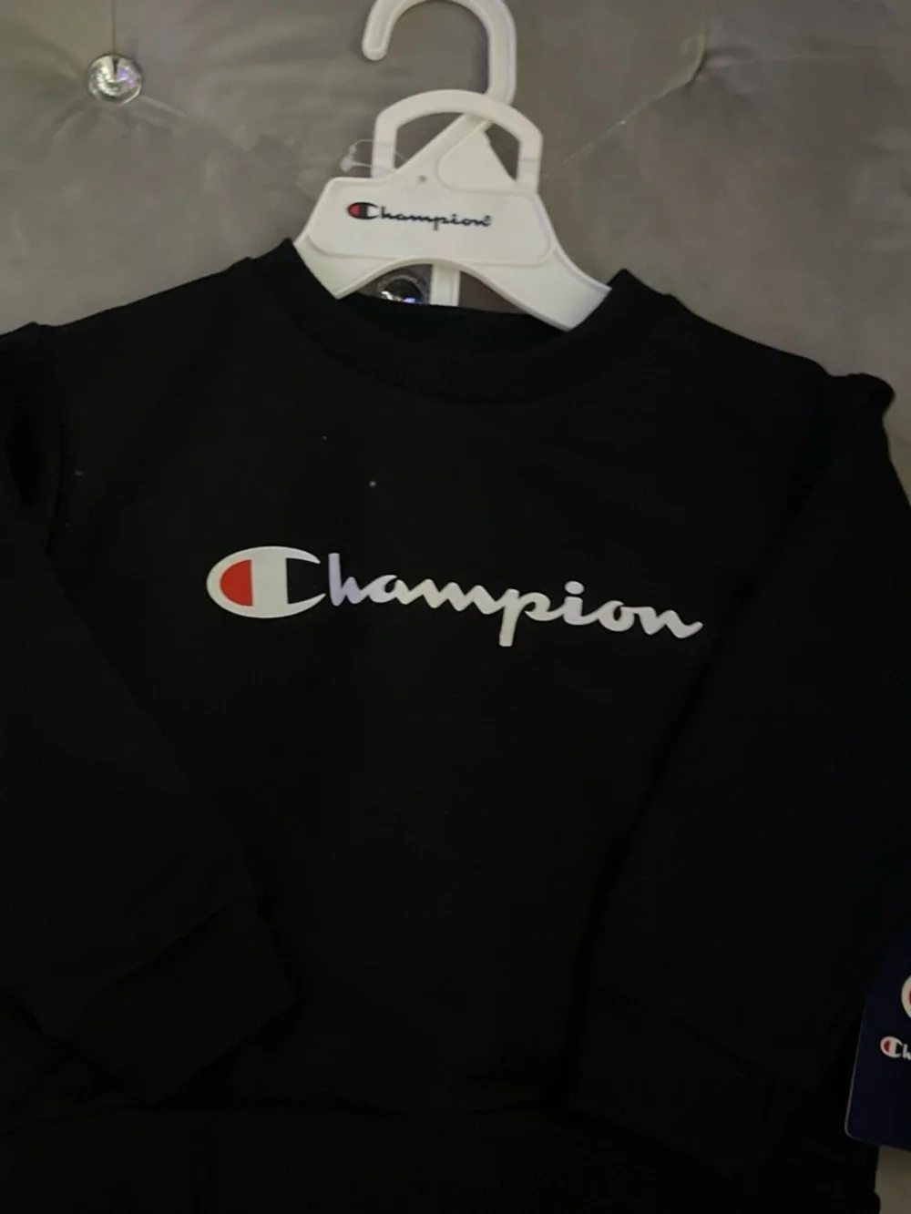 Champion Black Crewneck Sweatshirt with White Script and Red Accent